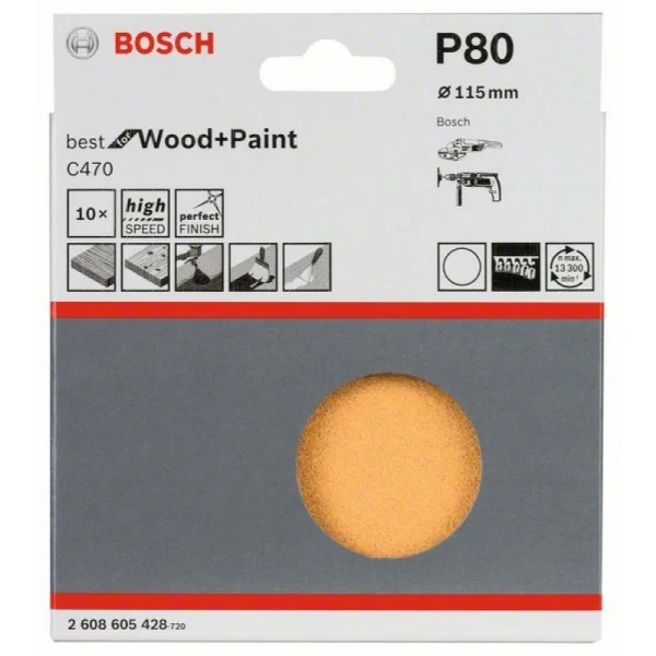 Набор из 10 шлифлистов C470 115 мм, 80 Bosch 2608605428 — изображение 2