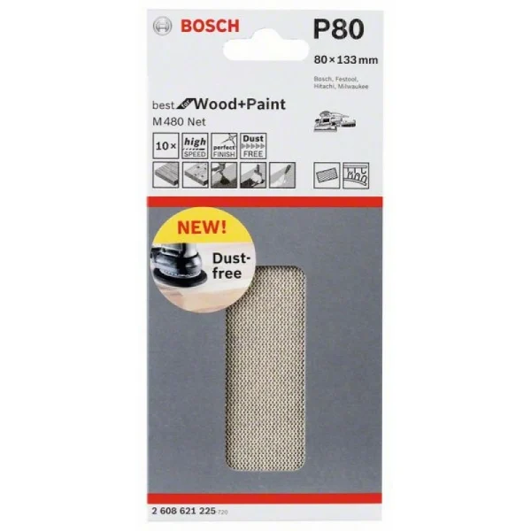 Набор шлифлистов (10 шт) M480 на сетчатой основе 80x133 K80 Bosch 2608621225 — изображение 2